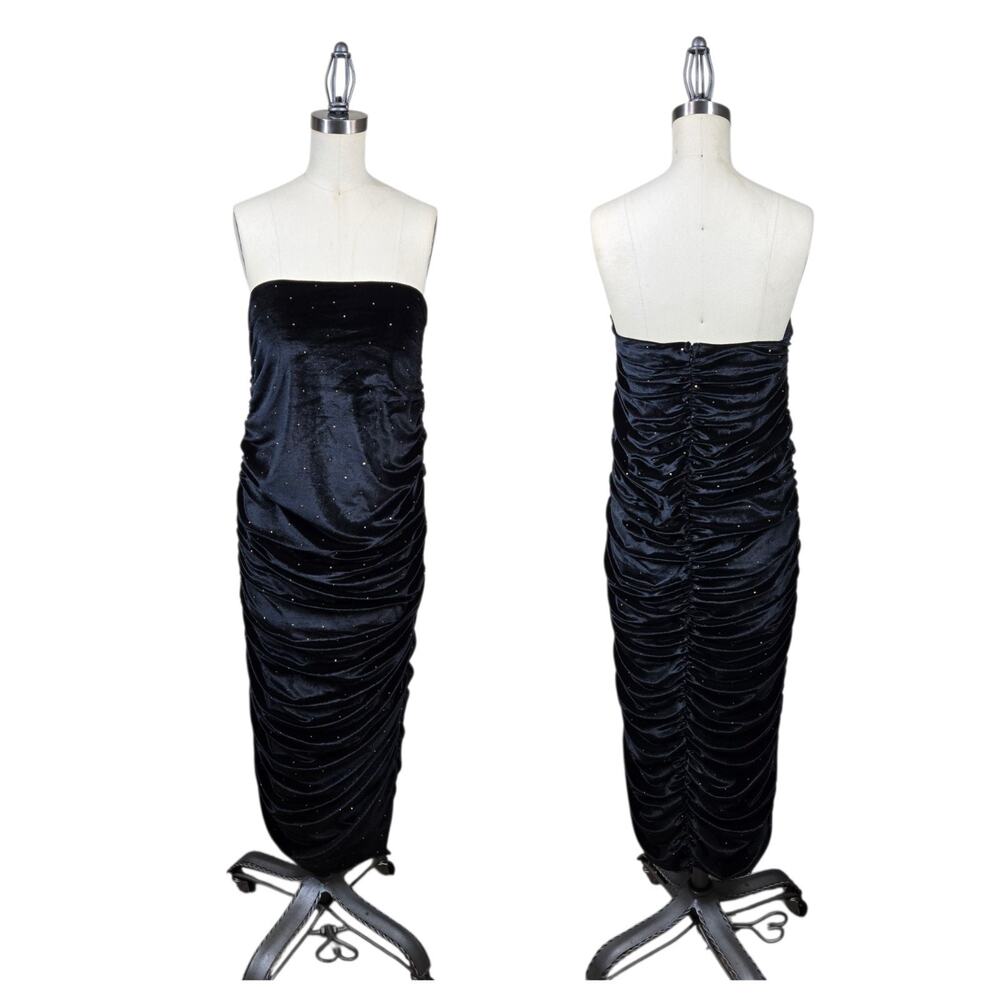 Akira Strapless Velvet Midi Bodycon Dress L* Black Ruched Party Cocktail Sexy